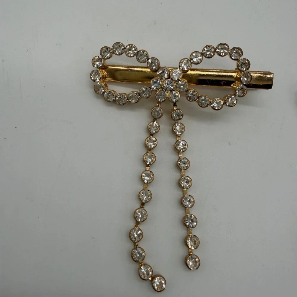 Vintage Y2K Rhinestone Bow Hair Clip Set Gold Silver Tassel Barrette 2pc